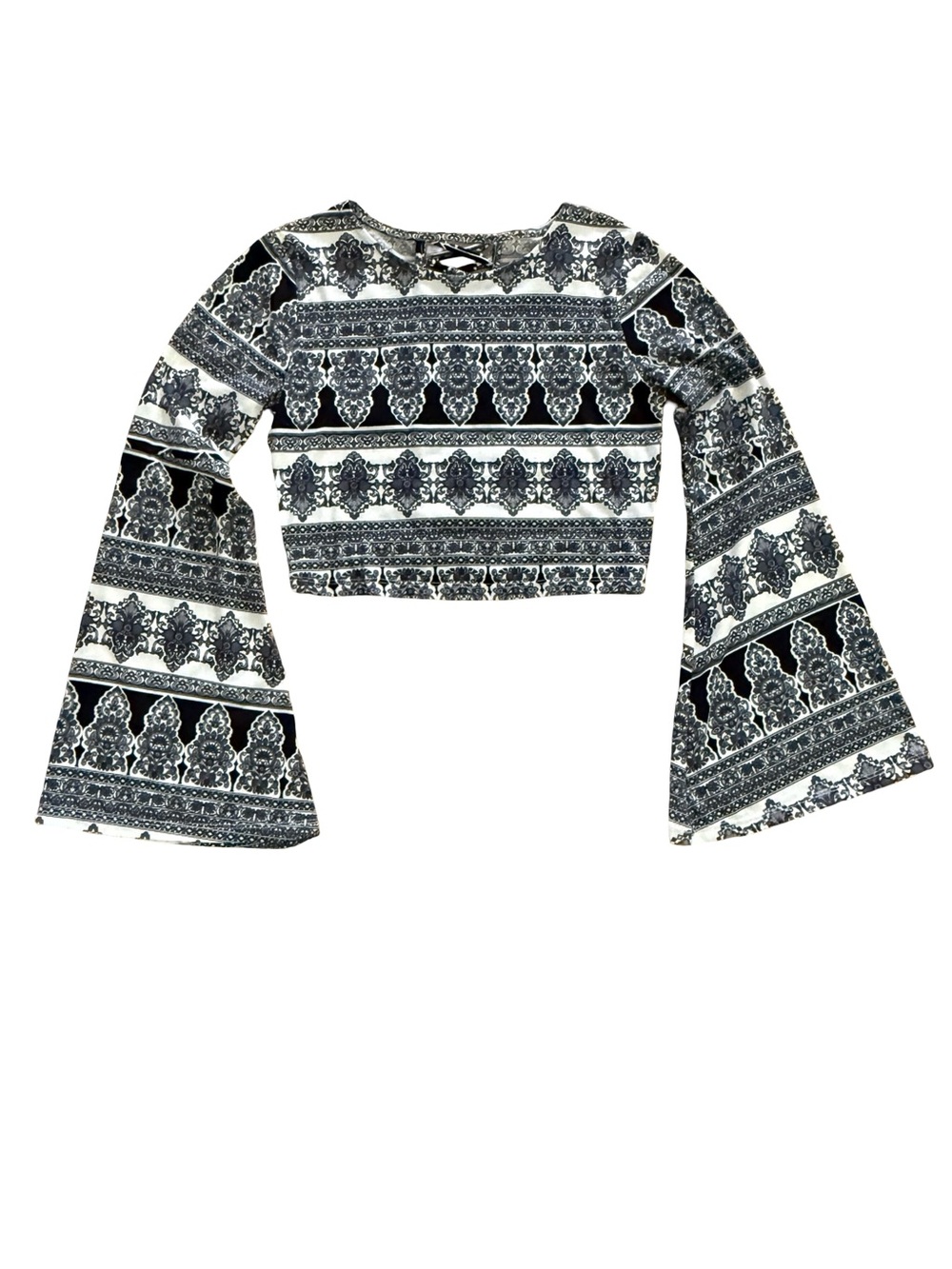 Boho Baroque Print Bell Sleeve Crop Top Open Back Small